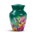 Hummingbird in the Rain teal cremation urn, 3 inch keepsake