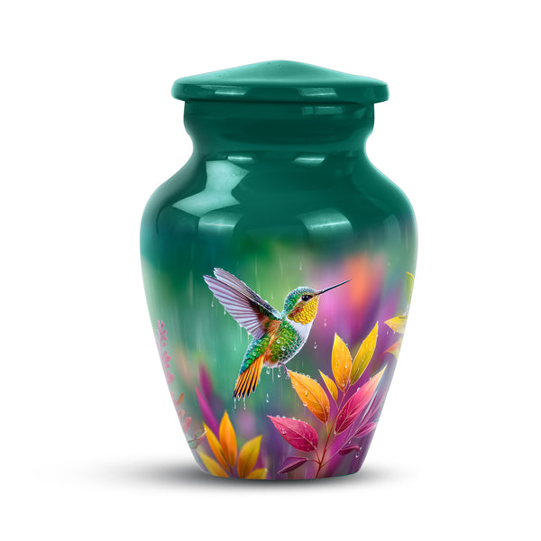 Hummingbird in the Rain teal cremation urn, 3 inch keepsake