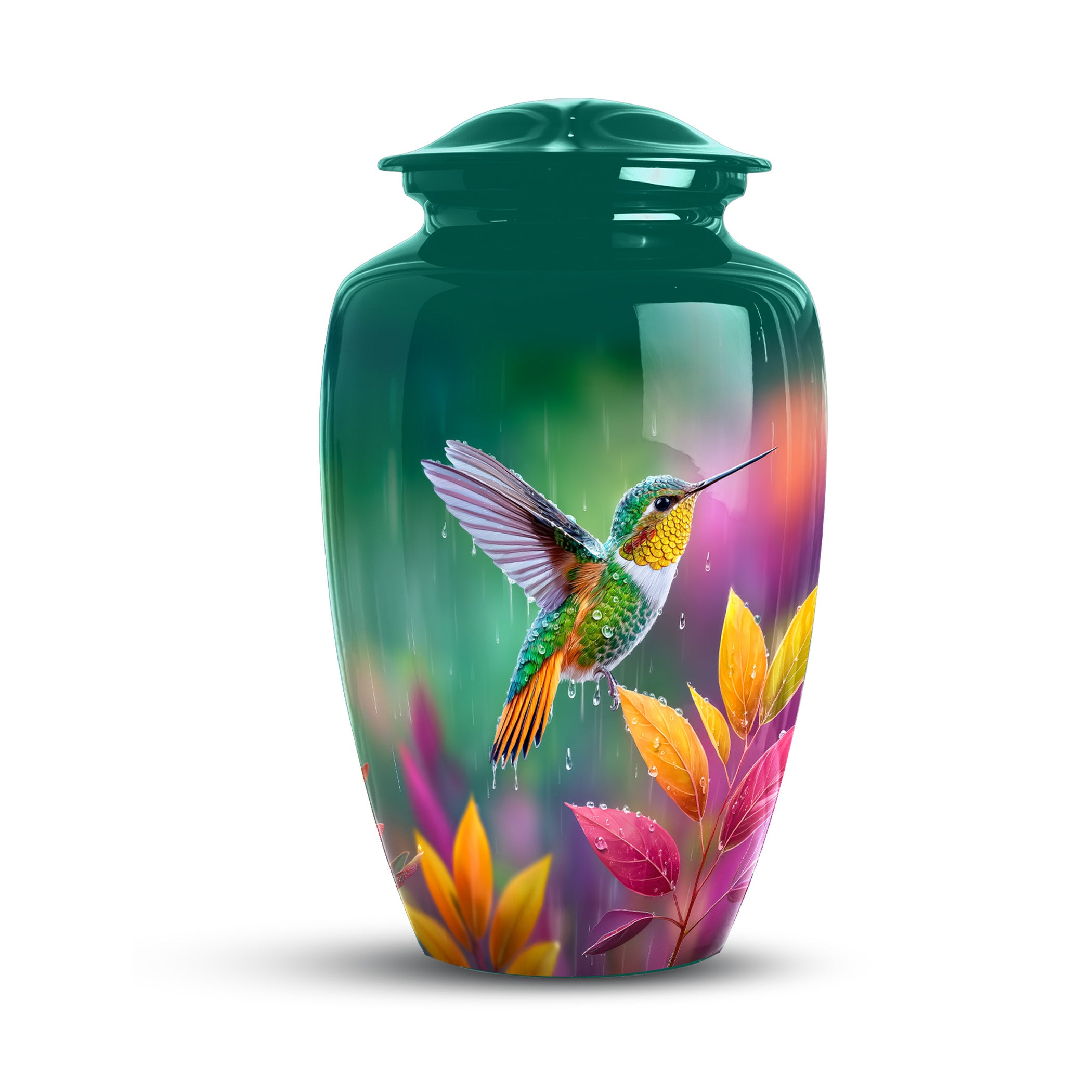 Hummingbird in the Rain teal cremation urn, 10 inch large